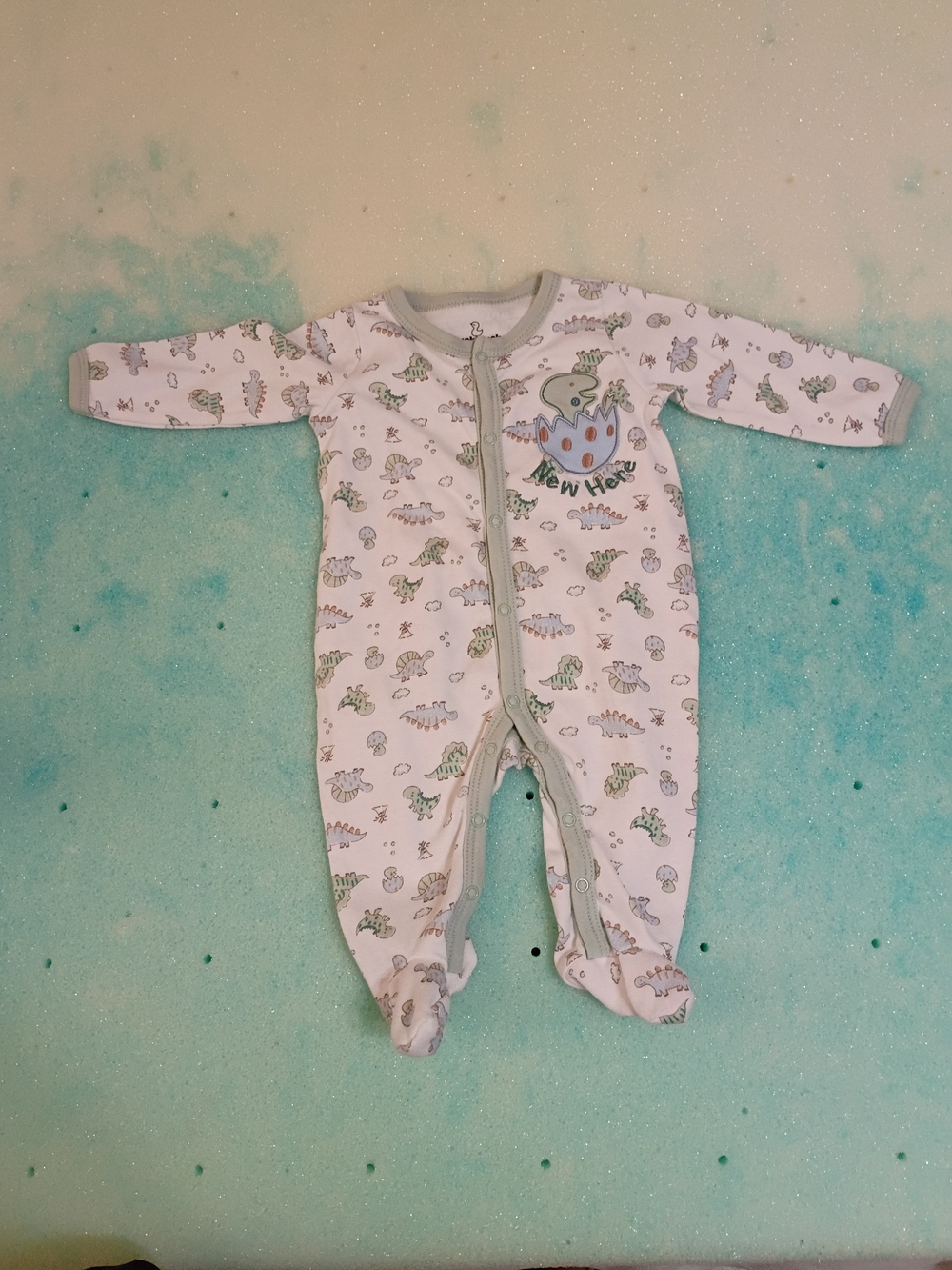 Baby Footed One-Piece with Dino Print - White and Light Green